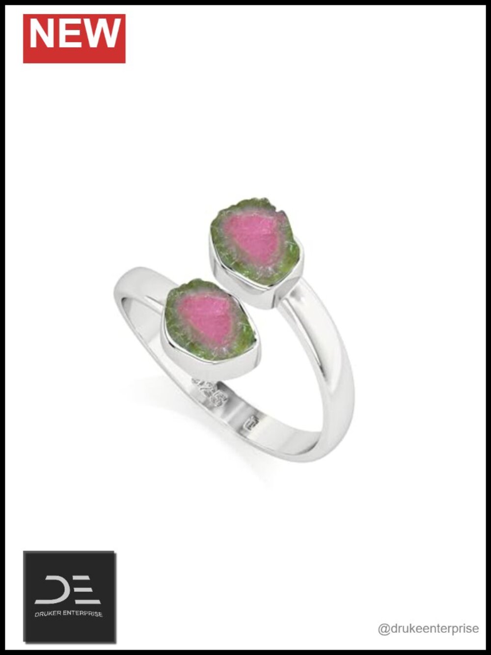 Sterling Silver Watermelon Tourmaline Natural Raw Gemstone Adjustable Stackable
